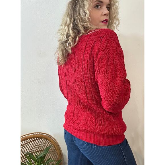 80’s Red Cotton Cable Knit Sweater size Medium - Picture 4 of 13